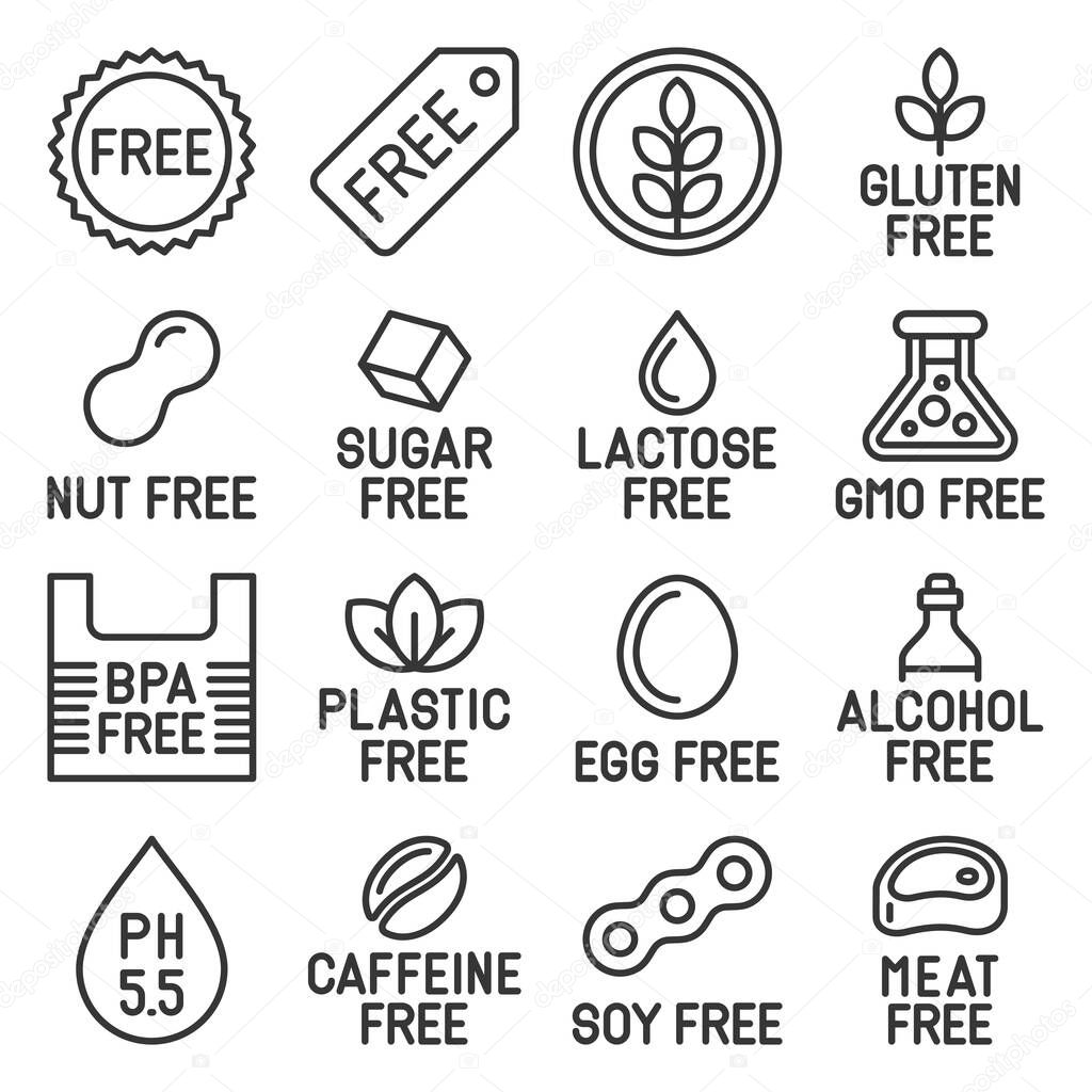 Free Labels and Icons Set on White Background. Line Style Vector