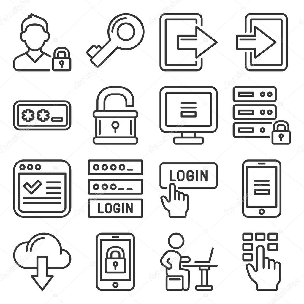 Login Icons Set on White Background. Line Style Vector