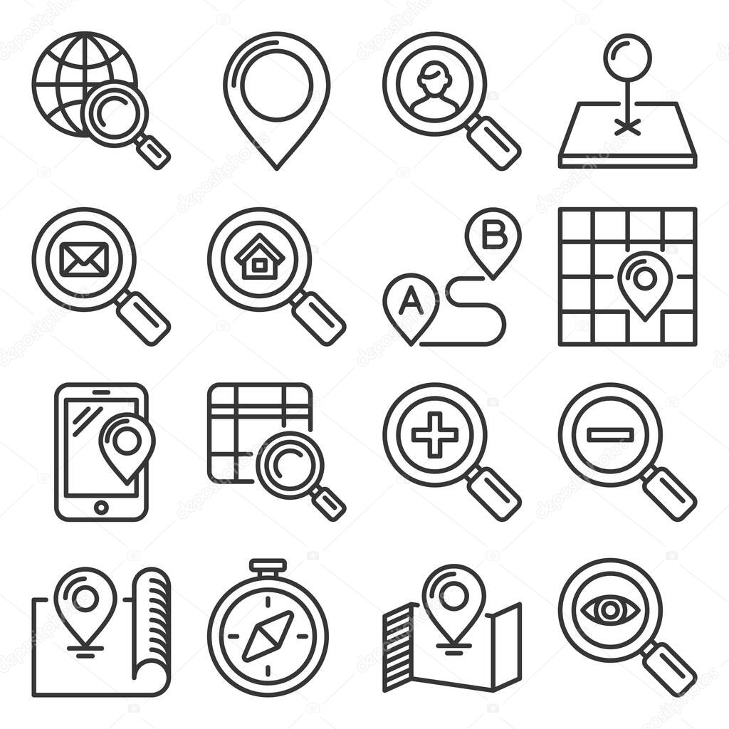 Find and Search Related Icons Set on White Background. Line Style Vector