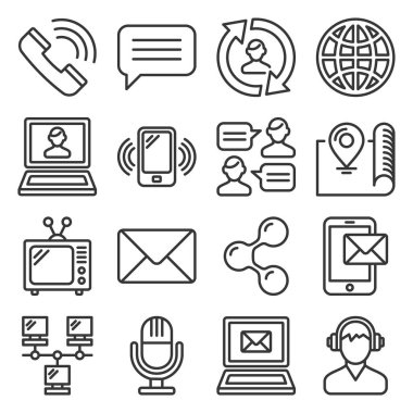 Beyaz Arkaplanda İletişim Simgeleri Ayarlandı. Satır Biçimi Vektörü
