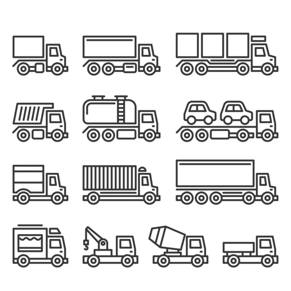 Iconos comerciales de camionetas y camiones ambientados en fondo blanco. Estilo de línea Vector — Vector de stock