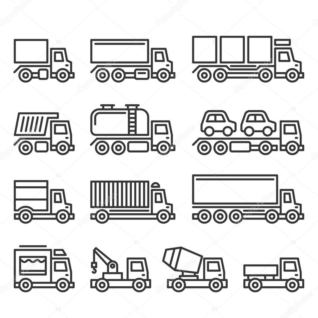 Commercial Van and Truck Icons Set on White Background. Line Style Vector