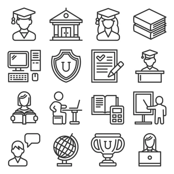 Estudantes ícones da educação universitária definir em fundo branco. Linha estilo Vector — Vetor de Stock