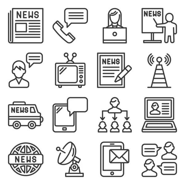 Iconos de comunicación de noticias y medios ambientados en fondo blanco. Línea Estilo vector — Vector de stock