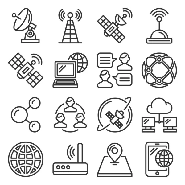 Comunicazioni wireless e icone satellitari impostate su sfondo bianco. Vettore stile linea — Vettoriale Stock