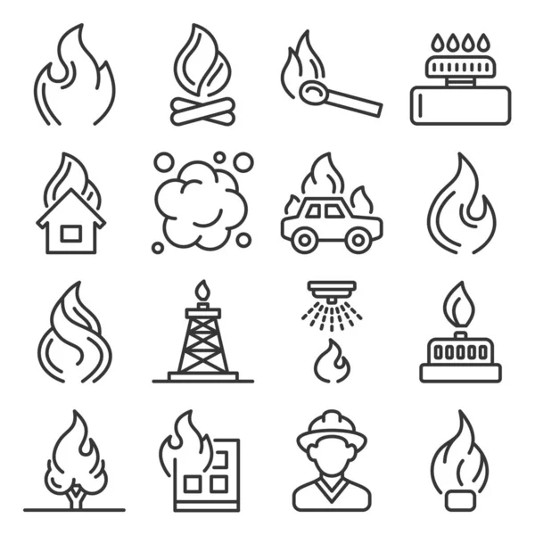 Fere Fiamme e icone antincendio impostato su sfondo bianco. Vettore stile linea — Vettoriale Stock