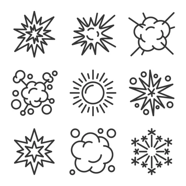 Explosion, Fireworks and Boom Icons Set on White Background. Line Style Vector — Stock Vector