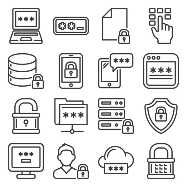 Conjunto de iconos de seguridad de contraseña y tecnología de la información. Estilo de línea Vector — Archivo Imágenes Vectoriales