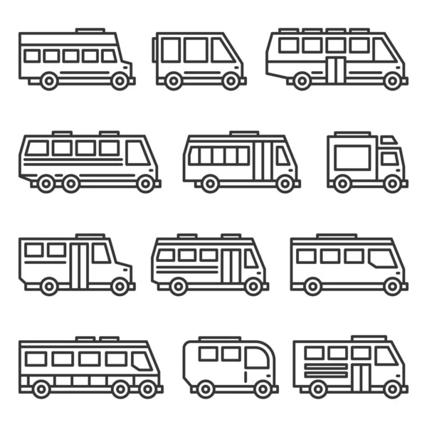 Iconos de autobús establecidos sobre fondo blanco. Estilo de línea Vector — Vector de stock