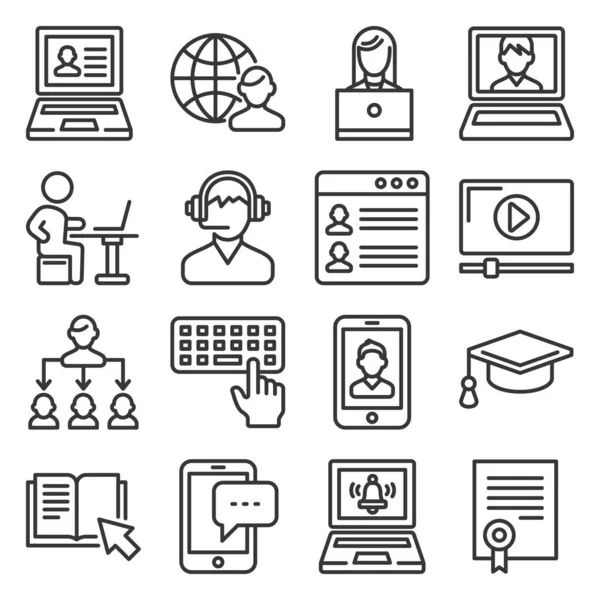 Iconos de educación en línea establecidos sobre fondo blanco. Estilo de línea Vector — Archivo Imágenes Vectoriales