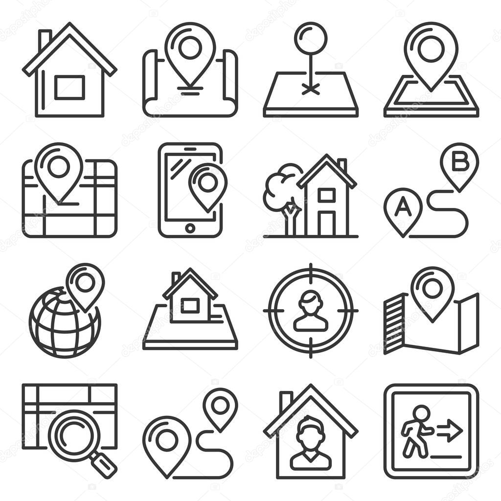 Maps and Home Location Icons Set. Line Style Vector