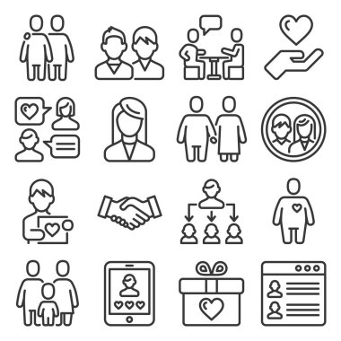 Arkadaşlık ve Aşk İlişkileri Simgeleri Ayarlandı. Satır Biçimi Vektörü