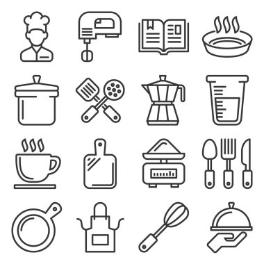 Mutfak ve Mutfak Simgeleri Seti. Satır Biçimi Vektörü