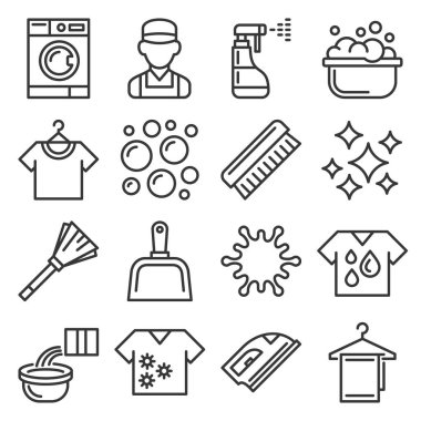 Çamaşır ve Temizlik Simgeleri Ayarlandı. Satır Biçimi Vektörü