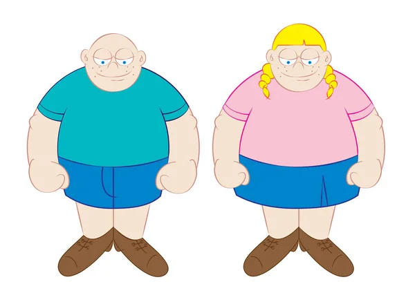 Divertido niño gordo y chica de dibujos animados — Vector de stock