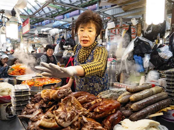 Traditional jokbal braised pork trotters and sundae sausage stre — Stock Photo, Image