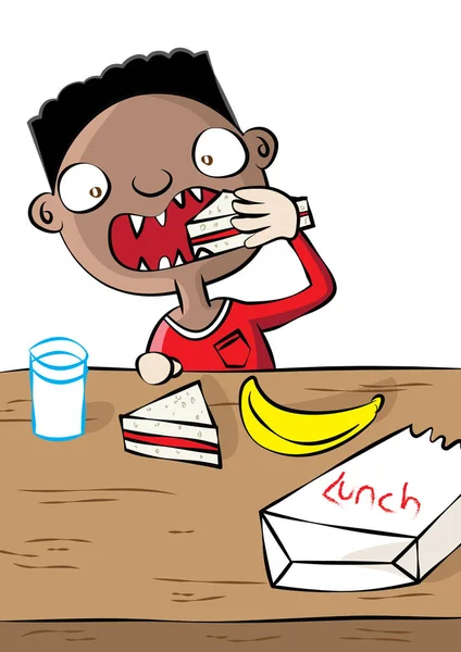 Cute black boy having lunch in school — Stock Vector