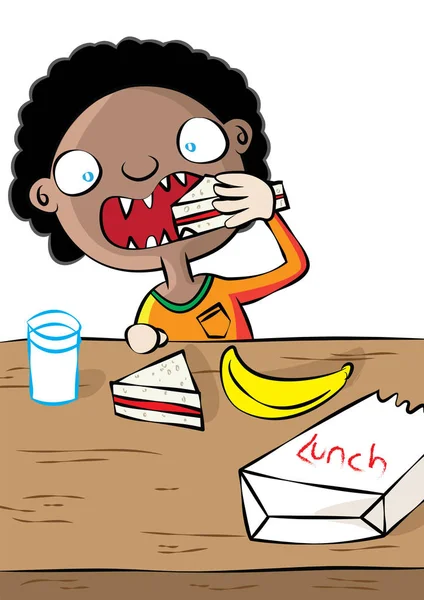 Cute black girl having lunch in  school — Stock Vector