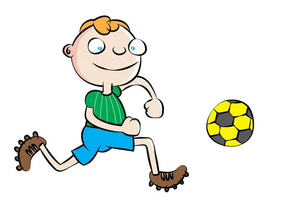 Смешной белый школьник играет в футбол — стоковый вектор