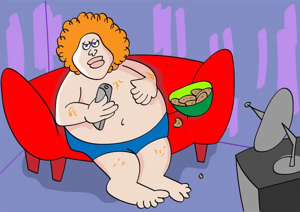 Divertido sofá patata sedentario estilo de vida de dibujos animados — Vector de stock