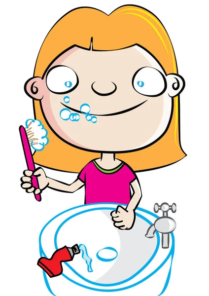 Funny cute white girl brushing teeth — Stock Vector