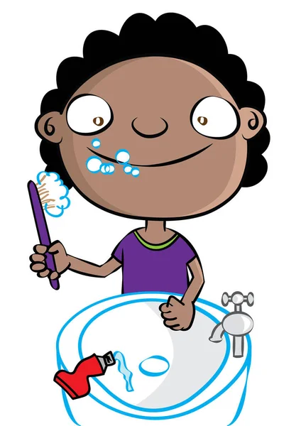 Funny cute black girl brushing teeth — 스톡 벡터