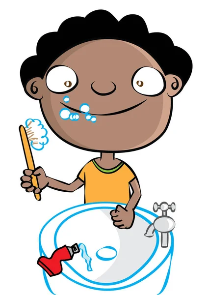 Unny cute black boy brushing teeth — 스톡 벡터