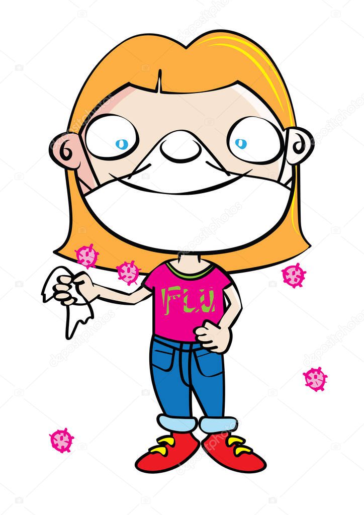 funny cute white girl with flu mask disease prevention cartoon