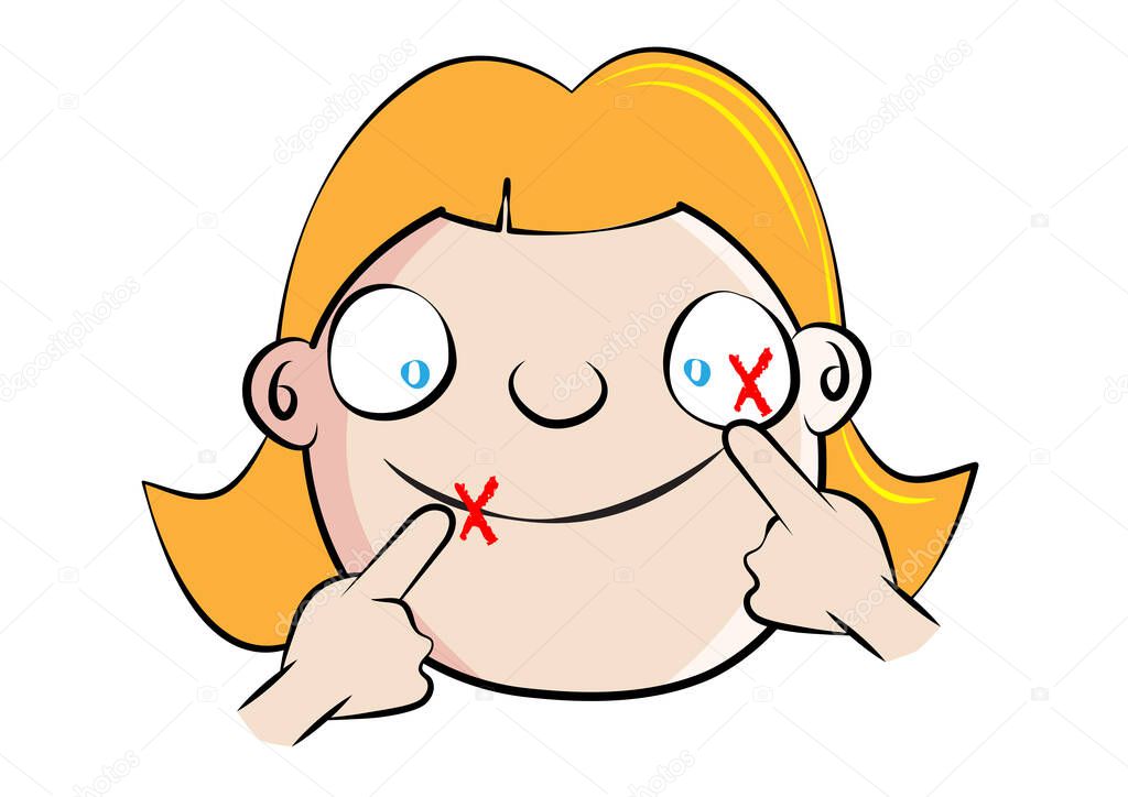 funny avoid face touching white girl coronavirus disease prevention cartoon vector illustration