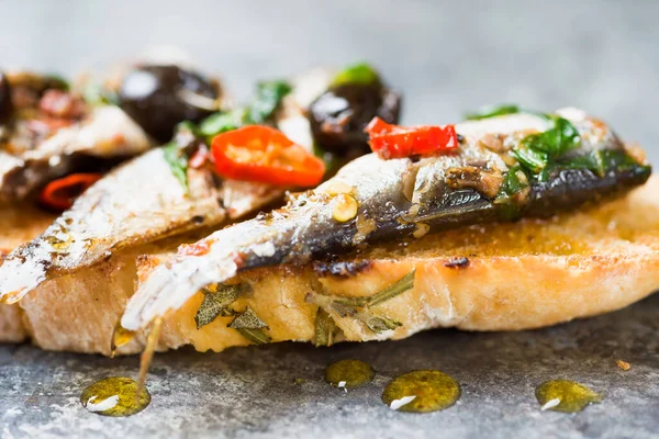 Close Spanish Sardines Toast — Stock Photo, Image