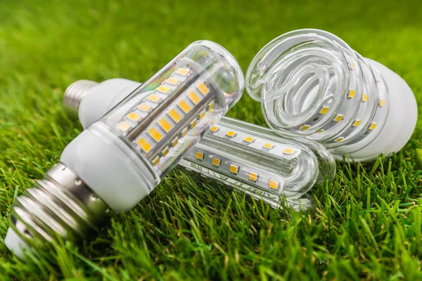 Lampadine a LED forma simile a CFL nell'erba verde — Foto Stock