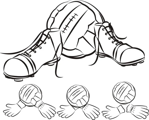 Винтажные футбольные или футбольные ботинки, вратарские перчатки и мяч — стоковый вектор
