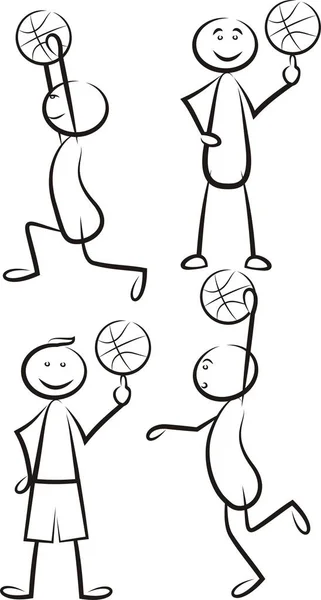 Stick Man Plays Basketball Vector Silhouettes — Stock Vector