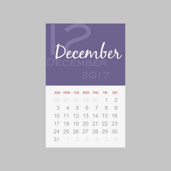 Kalender 2017 Monate Dezember. Woche beginnt am Sonntag — Stockvektor