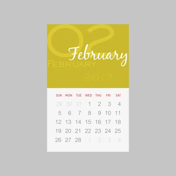 Calendrier 2017 mois février. La semaine commence dimanche — Image vectorielle