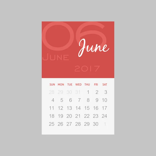 Takvim 2017 ay Haziran. Hafta Pazar günü başlar — Stok Vektör