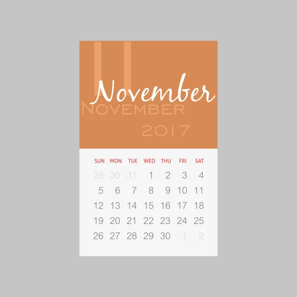 2017 naptári hónap November. Hét kezdődik vasárnap — Stock Vector