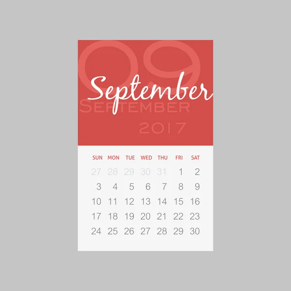 Calendrier 2017 mois septembre. La semaine commence dimanche — Image vectorielle