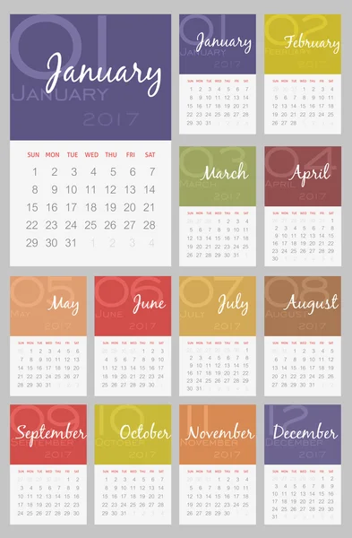 Calendar 2017 year. Week starts from Sunday — Stock Vector