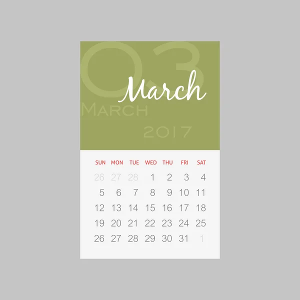 Ημερολόγιο 2017 μήνες Μάρτιο. Εβδομάδα ξεκινά την Κυριακή — Διανυσματικό Αρχείο