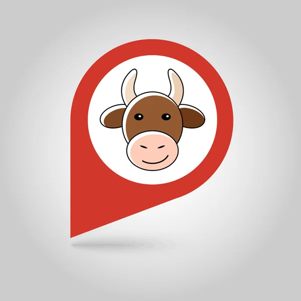 Mucca piatta icona mappa pin. Vettore della testa animale — Vettoriale Stock