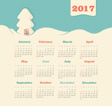Vektör takvim 2017 yıl. Hafta başlar Pazar
