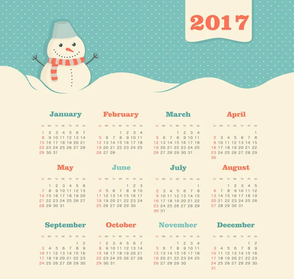 Calendario 2017 con muñeco de nieve. Semana comienza el domingo — Vector de stock