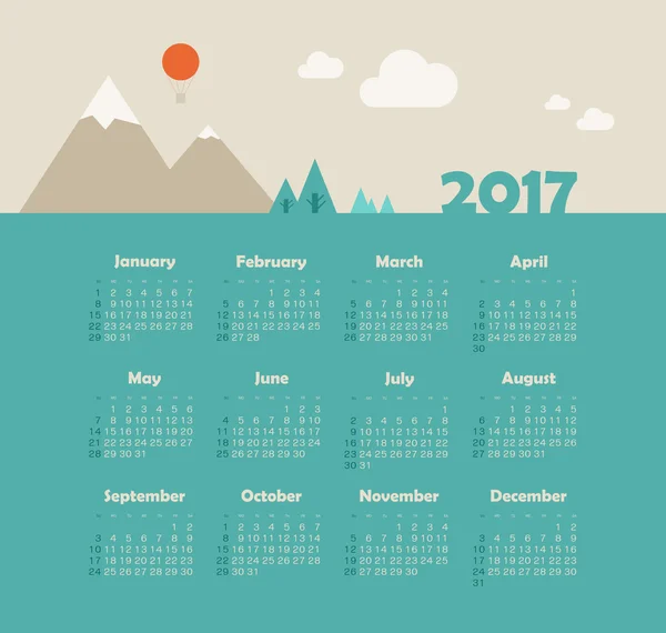 Calendario 2017 con montaña. Semana comienza el domingo — Vector de stock