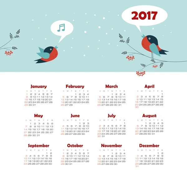 Calendário 2017 ano com pássaro. Semana começa domingo — Vetor de Stock