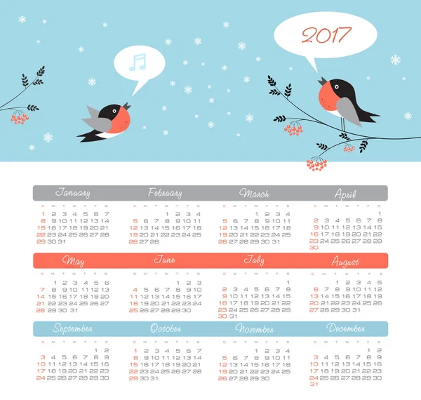 Kalender 2017 Jahr mit Vogel. Woche beginnt am Sonntag — Stockvektor