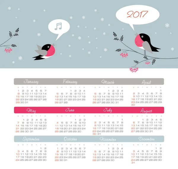 Kalender 2017 Jahr mit Vogel. Woche beginnt am Sonntag — Stockvektor