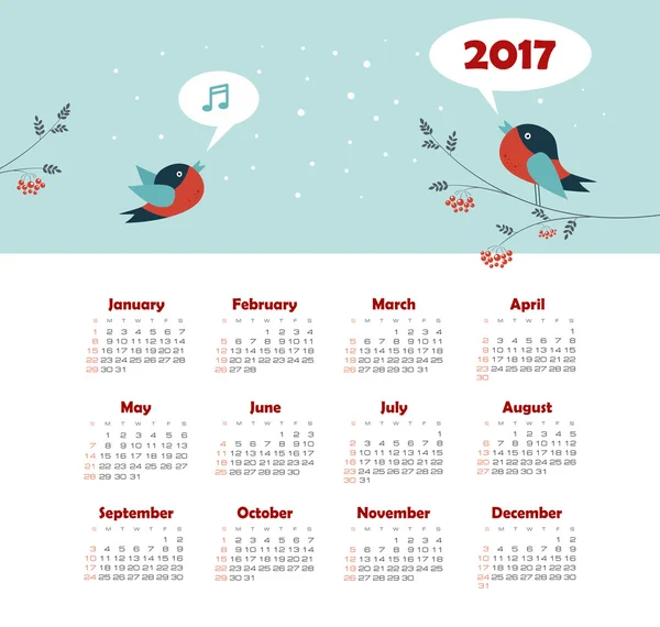 Kalender 2017 Jahr mit Vogel. Woche beginnt am Sonntag — Stockvektor