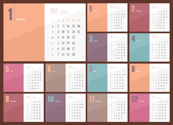 Vector kalender 2017 år. Veckan börjar söndag — Stock vektor