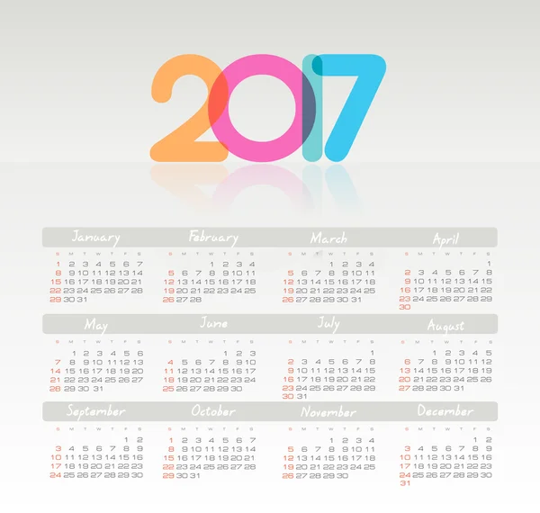 Vektorkalender 2017 Jahr. Woche beginnt am Sonntag — Stockvektor